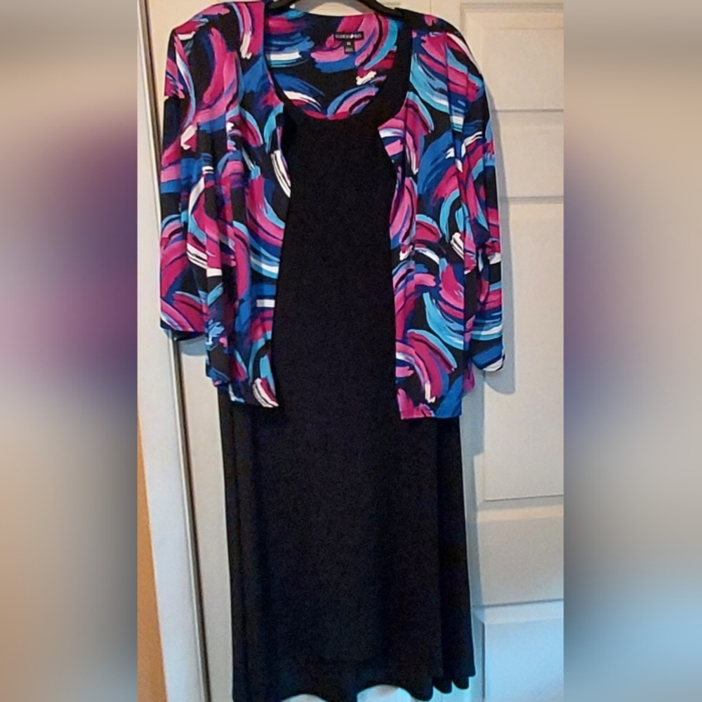 Two Piece MOB Dress Black Sleeveless Sheath Floral Jacket 2X Wedding Dinner